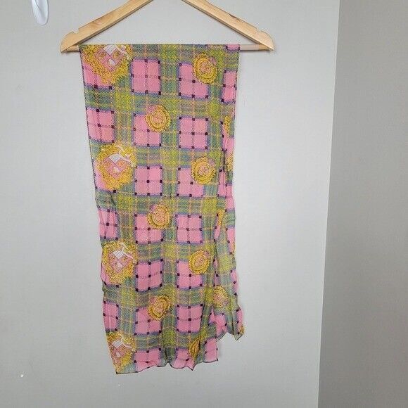 Lightweight Silky Feeling Chiffon Rayon Scarf Pink Plaid Barroque 54 by 12 y2K - Picture 2 of 5